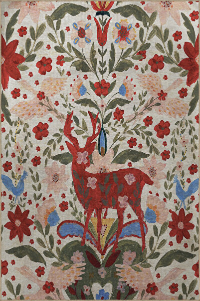 Rugs Modern Halı Çok Renkli Orman Temalı Çiçek ve Geyik Desenli Kreatif Moder...