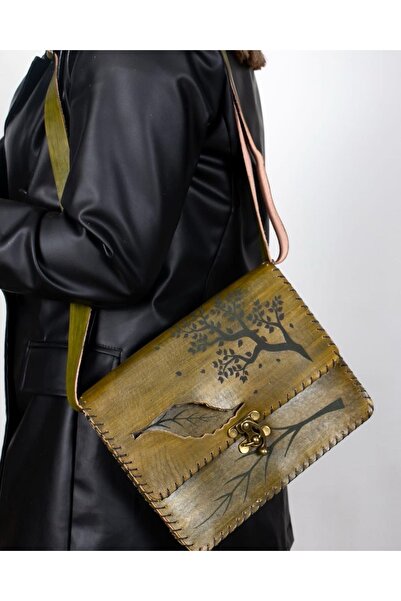 zarif atölye Yaprak motifli el yapımı orijinal etnik hediyelik deri çanta