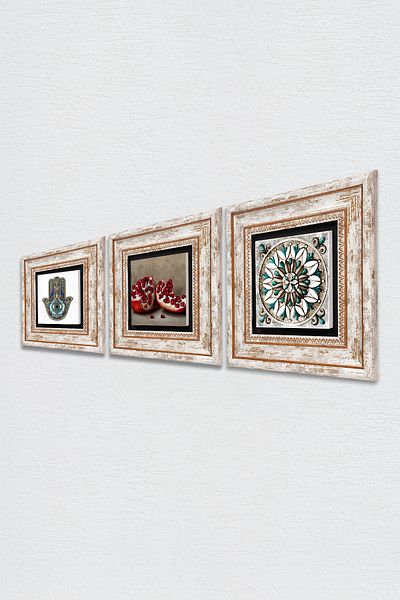 Pinecone Τέχνη πλακιδίων, Ρόδι, Χεράκι της Φατμάς (HAMSA) Πέτρινη Ζωγραφική Τοίχων Σετ διακόσμησης τοίχου με κορνίζα 3 Tk3-104