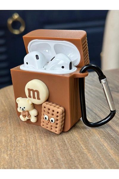Go Aksesuar حافظة سميكة من السيليكون بتصميم تيدي بير البسكويت متوافقة مع Airpods الجيل الأول والجيل الثاني