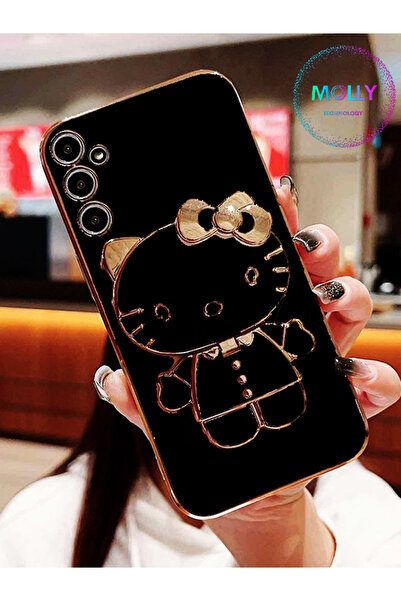 Molly Samsung Galaxy A14 İçin Siyah Hello Kitty Standlı Kenarları Gold Detayl...