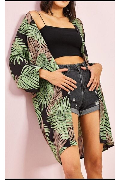Select Moda Black Green Leaf Patterned Long Kimono