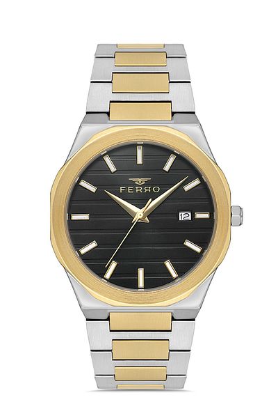 FERRO Men's Silver-Gold Color Inside Green Sport-Classic Calendar Wrist Watch + Bracelet Gift