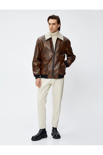 Koton Leather Look Jacket Plush Collar Detailed Pockets Zippered