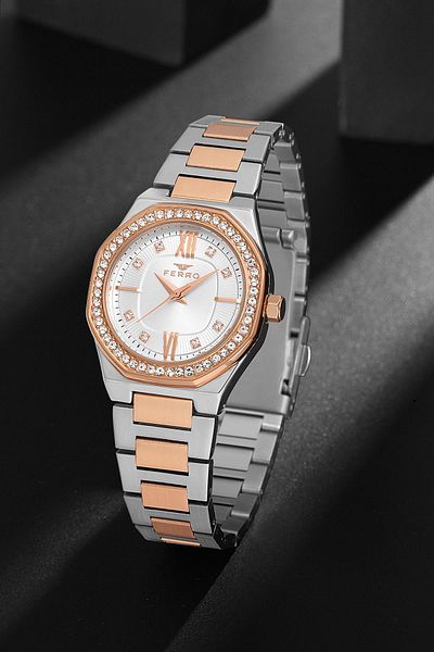 FERRO Women's Silver-Rose Color Stone Wristwatch + Bracelet Gift