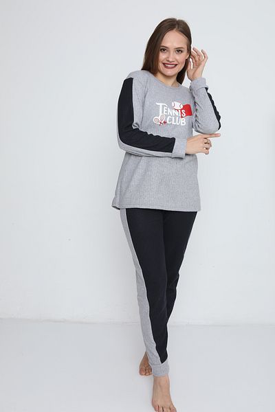FAMES PİJAMA Long Sleeve Women's Pajama Set Tennis Club Double Color Interlock