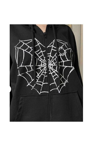 Köstebek Φούτερ Unisex Black Spider Web Heart με λευκή στάμπα με κουκούλα