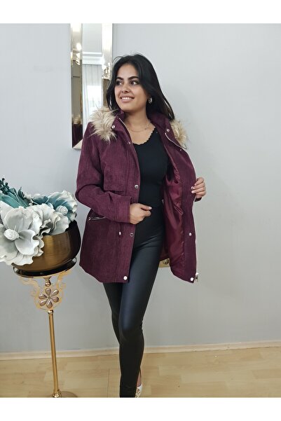 FERGAN معطف نسائي برتقالي مزين بغطاء للرأس من الفرو وخصر برباط