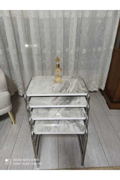 GÜVENÇ 4'lü Zigon Sehpa Nikelaj Kaplama Metal Ayaklı Alaca Beyaz Mermer Desen