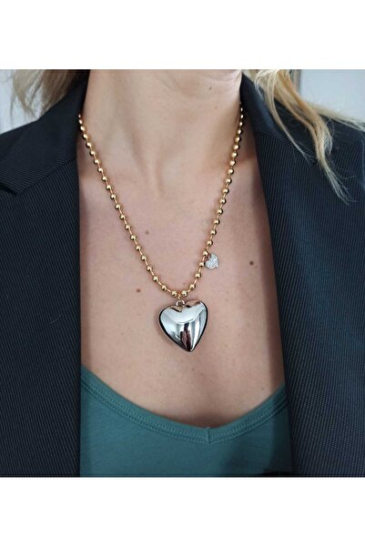 Simge Gümüş Our Season's Favorite Product Gold Top Chain Silver Heart Necklac...