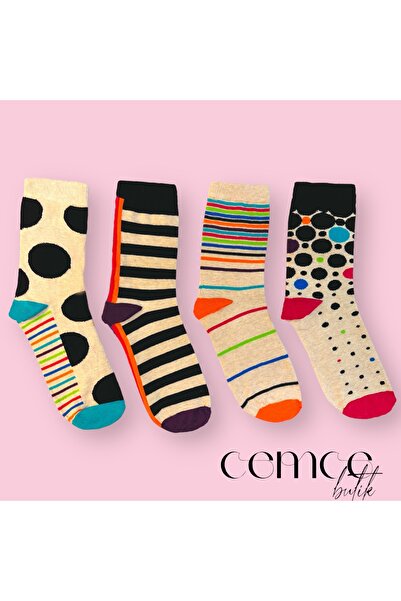 Cemce Butik جوارب قطنية منقوشة بألوان مختلطة 4 قطع جوارب نسائية مخططة بألوان ...