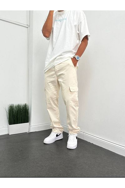 Gambocci Men's Cream Color Baggy Cargo Pocket Trousers