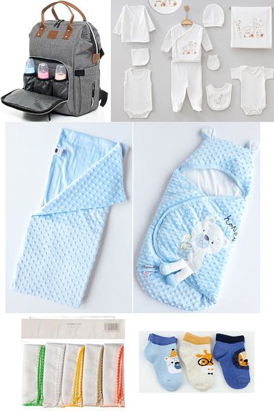 Necix's 6-Piece CUTE MONTHS BIRTH SET (10-Piece HOSPITAL EXIT, BABY BAG, SWADDLE, BLANKET, WIPES AND SOCKS SET)