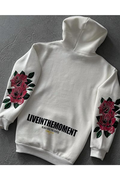 Benisengiydir White Liveinthemoment Printed Hooded Oversize Sweatshirt Unisex