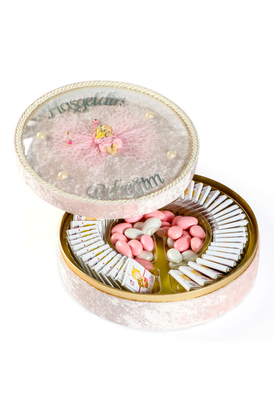 Hacı Şerif Kız Bebek Çikolatası (kadife Yuvarlak Pembe Kutu) 50 Adet Madlen