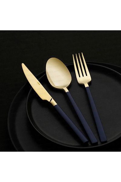 Nehir Dalyan Gold Navy Blue Mother of Pearl 36 Piece Boxed Cutlery Set