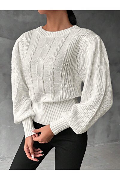 AQE FASHION Pulover de damă cu tricot alb cu mâneci prințesă împletit din păr