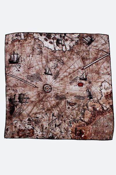 Nomads Felt 100% Silk Beige Scarf Bandana Piri Reis Map 55x55 Cm