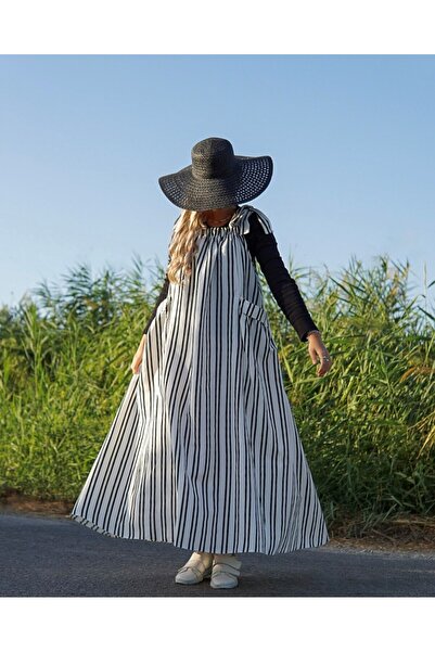 Launes Oversize Pocketed Black and White Striped Gilet/Salopet