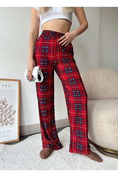 schlank Women's Red Cotton Plaid Patterned Pajama Bottoms with Elastic Waist