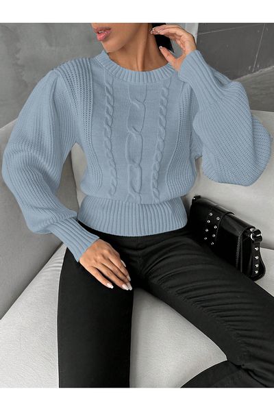 AQE FASHION Pulover de damă, cu gât turnu, împletit cu mânecă prințesă, tricotaj, albastru