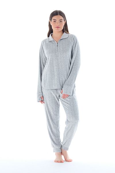 Feyza Pijama Women's Collar Zippered Towel Fabric Pajama Set