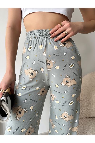 schlank Women's Gray Pompom Teddy Bear Patterned Cotton Elastic Waist Pajama Sweatpants