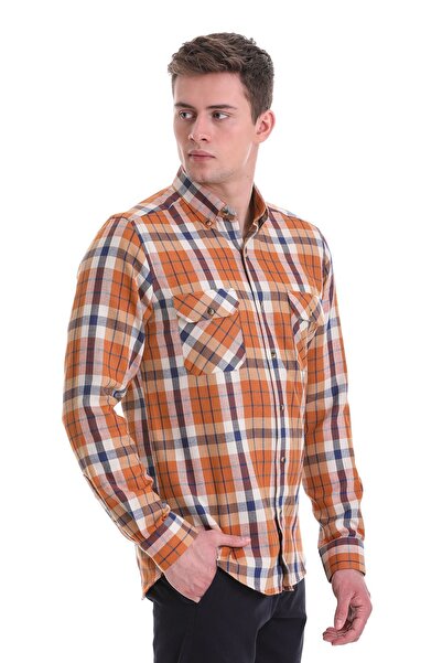 Hatemoğlu Помаранчева сорочка Slim Fit у клітинку, 100% бавовна, з ґудзиками на комірі та довгими рукавами, у стилі кежуал