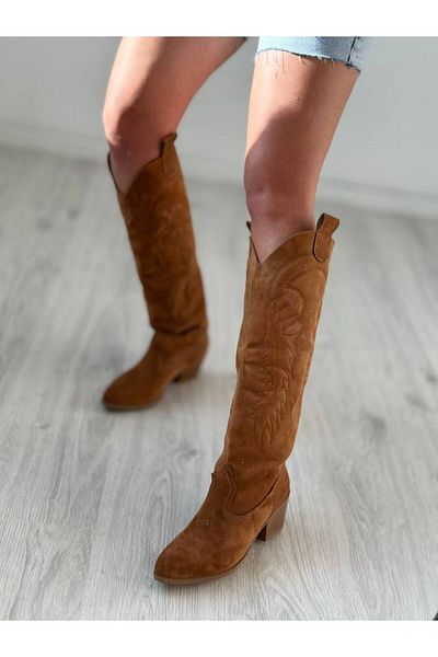 Favi Ayakkabı Tan Suede Cowboy Style Boots with Embroidered Toe and Sides