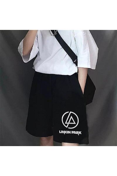 Touz Moda Τυπωμένο λογότυπο Linkin Park - Unisex μαύρο χτενισμένο βαμβακερό σορτς