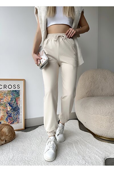 schlank Kadın Krem Paçası Lastikli Yüksek Bel Jogger Eşofman Altı