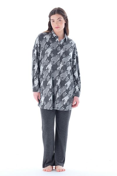 Feyza Pijama Set de pijamale pentru femei, cu nasturi în față, cu guler, cu model picioare de corb