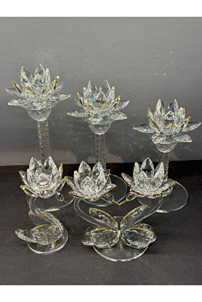 Peramari Dekoratif Kristal Cam Beşli Lotus ve Kuğulu Şamdan Set Gold