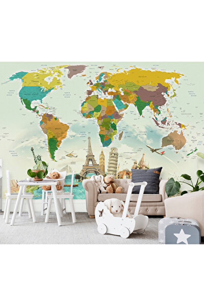 Plustablo Güncel Dünya Haritası Turizm Acentesi Dil Okulu için Dünya Mimarileriyle Duvar Kağıdı