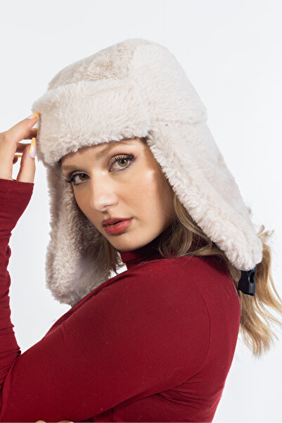 LadyColor Plush Headphone Beanie Clip Pilot Hat White