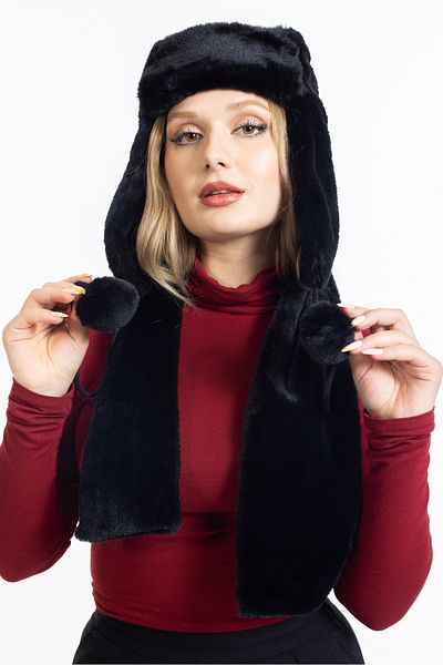 LadyColor Комплект плюшени уши пилотски шалове, черен
