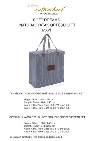 İyi Geceler İstanbul DOUBLE SIDED SOFT DREAMS NATURAL DOUBLE PERSON QUILT BED COVER SET INDIGO