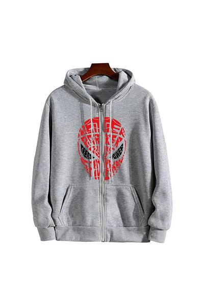 Toum Dape Aesthetic Spider-Man Head Printed Oversize Zippered Gray Unisex Hooded Cardigan DP