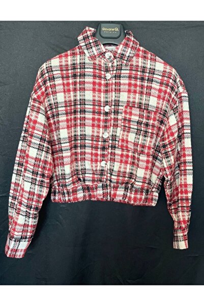 EDZ Women's Red Plaid Model Elastic Waist Crop Seasonal Coat