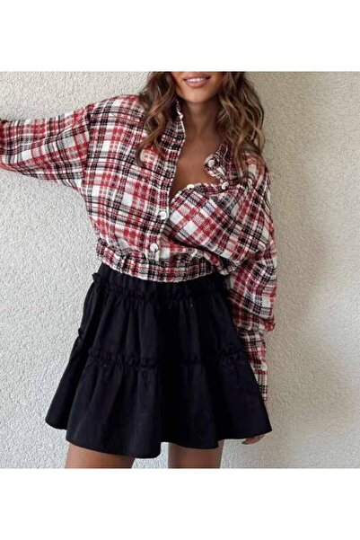 EDZ Women's Red Plaid Model Elastic Waist Crop Seasonal Coat