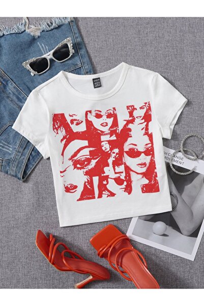 Jose Clothing Women's White Printed Short Sleeve Crop Blouse