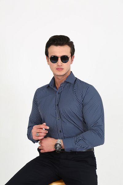 Black Moon Men's Slim Fit Solid Color Detail Patterned Cotton Shirt Collar Classic Shirt (Special Gift Boxed)