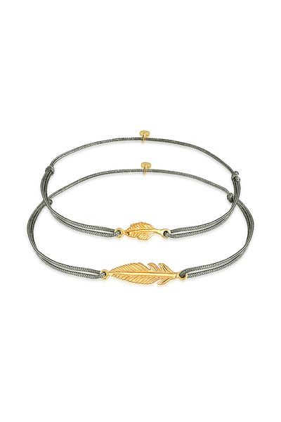 ELLI Armband Damen Mutter Kind Set Feder Nylon Grau Verstellbar in 925 Sterling Silber vergoldet