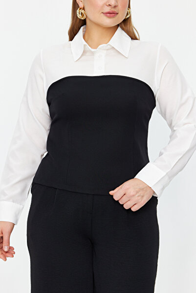 Trendyol Curve Vícebarevná černo-bílá košile s límečkem s dlouhým rukávem tkaná stylová halenka TBBAW24AF00062