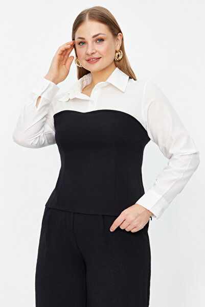 Trendyol Curve Vícebarevná černo-bílá košile s límečkem s dlouhým rukávem tkaná stylová halenka TBBAW24AF00062