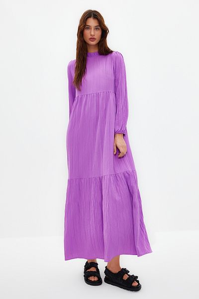 Trendyol Modest Fialové tkané šaty širokého střihu s vysokým límcem TCTSS22EB00171