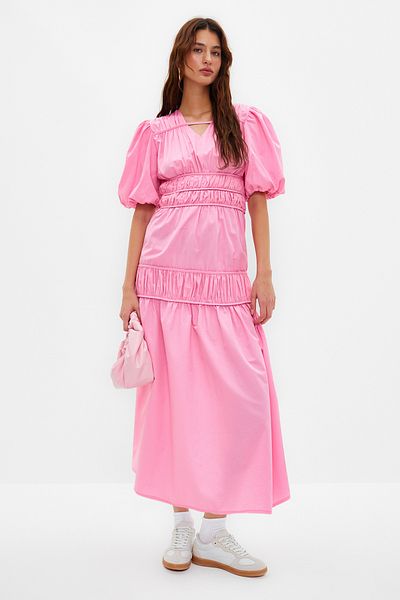 Trendyol Modest Ροζ Gather Λεπτομερές Μακρύ Υφαντό Φόρεμα TCTSS24EB00010