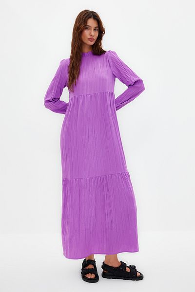 Trendyol Modest Fialové tkané šaty širokého střihu s vysokým límcem TCTSS22EB00171