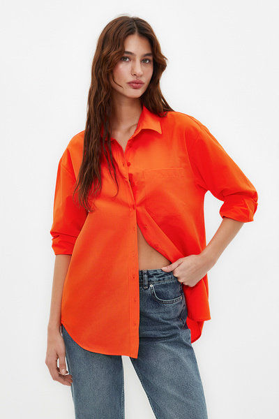 Trendyol Collection Dark Orange Single Pocket Boyfriend Woven Cotton Shirt TWOAW20GO0115