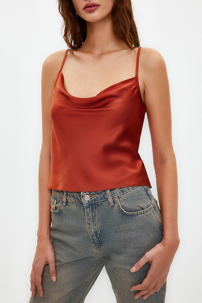 Trendyol Collection Tile Strap Lace Collar Satin Woven Blouse TWOSS19BB0161